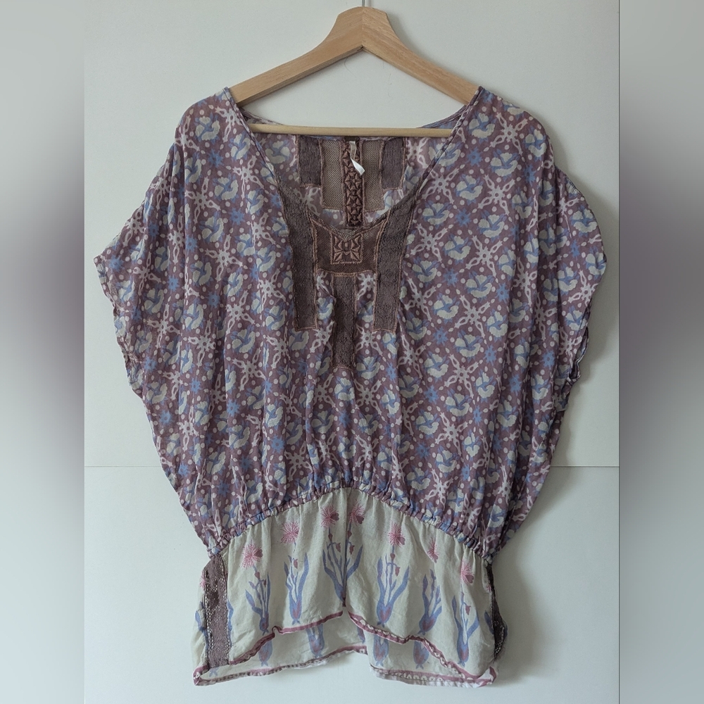 Free People Women's Small Oversized Purple Floral Boho Cotton Blouse
